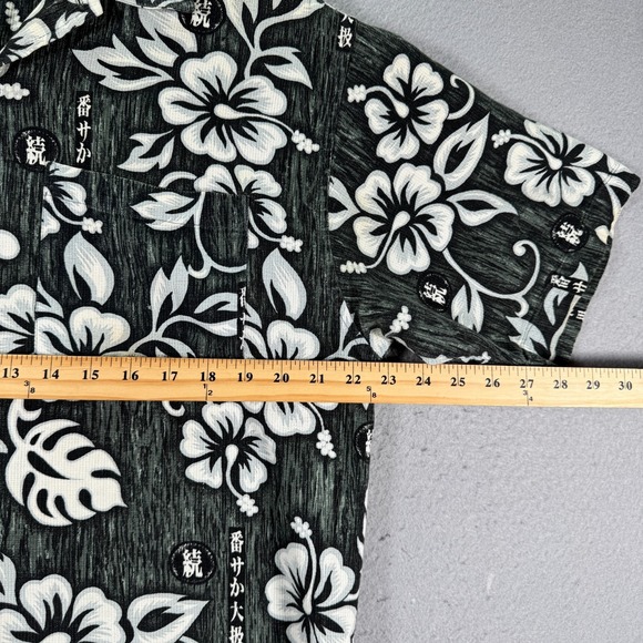 Vintage Side Out Kanji Floral Hawaiian Button Up Shirt Men Medium Green Surf Y2K - Picture 5 of 8
